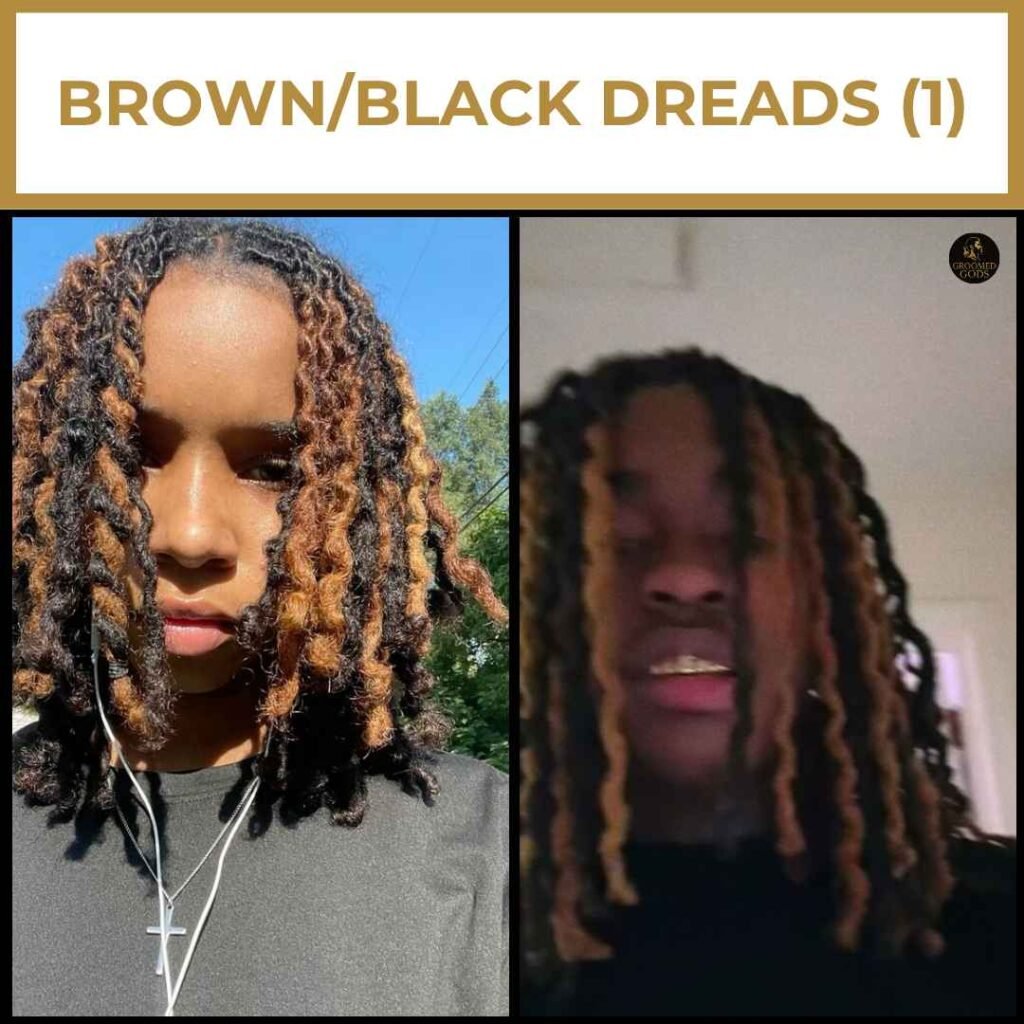 Brown and Black Dreads for Black Men Brown and black dreadlocks on Black men featuring two-tone locs with highlighted brown tips and shoulder-length styles.