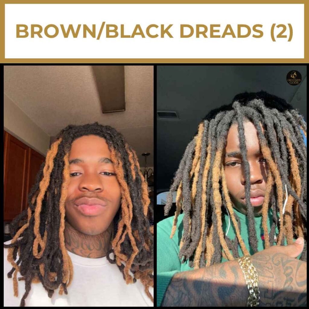 Two-Tone Brown and Black Dreads for Black Men Brown and black dreadlocks on Black men featuring long two-tone locs with light brown tips and natural black roots.