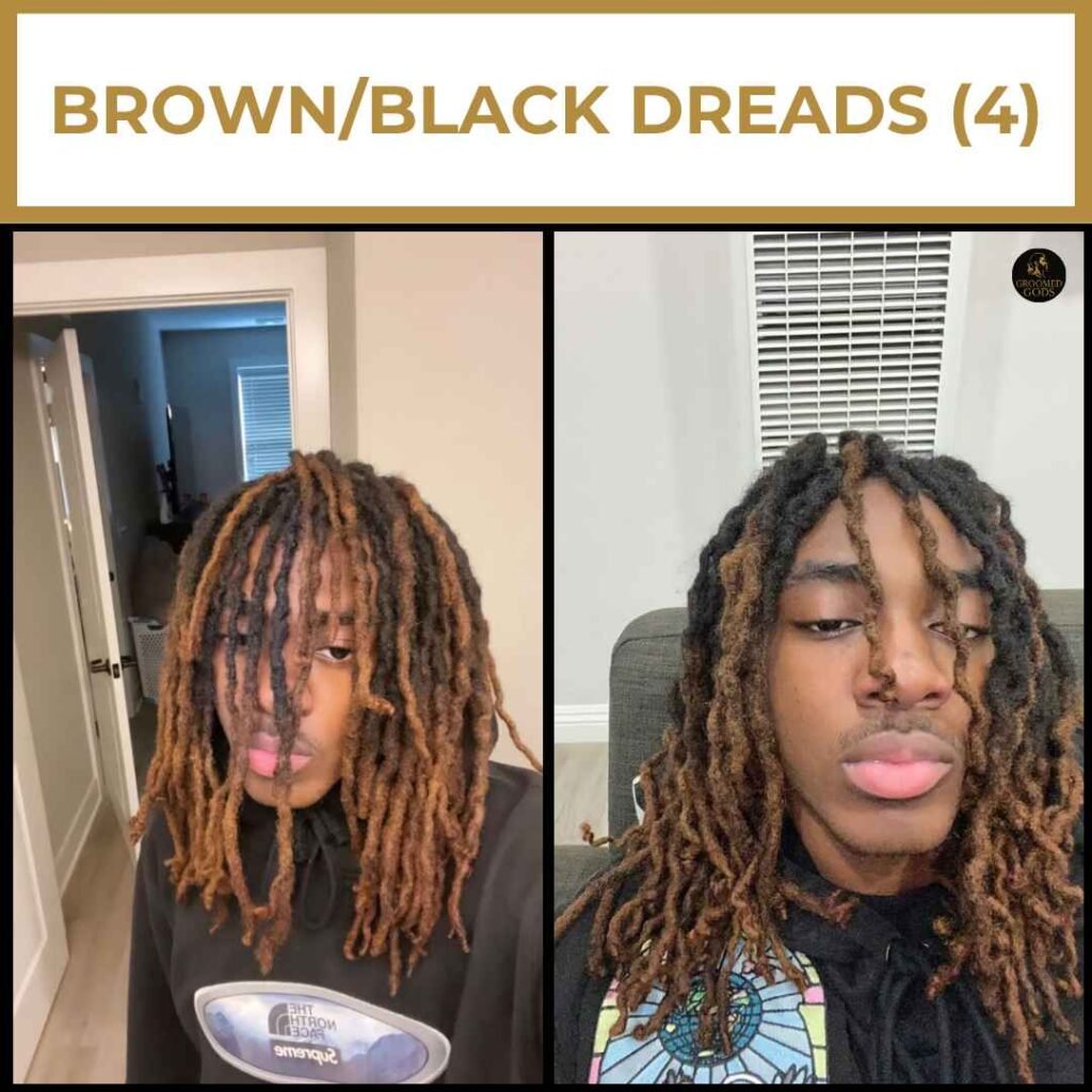 Brown and Black Dread Styles for Black Men Two Black men with brown and black dreadlocks, featuring long two-tone locs with light brown highlights and dark roots.