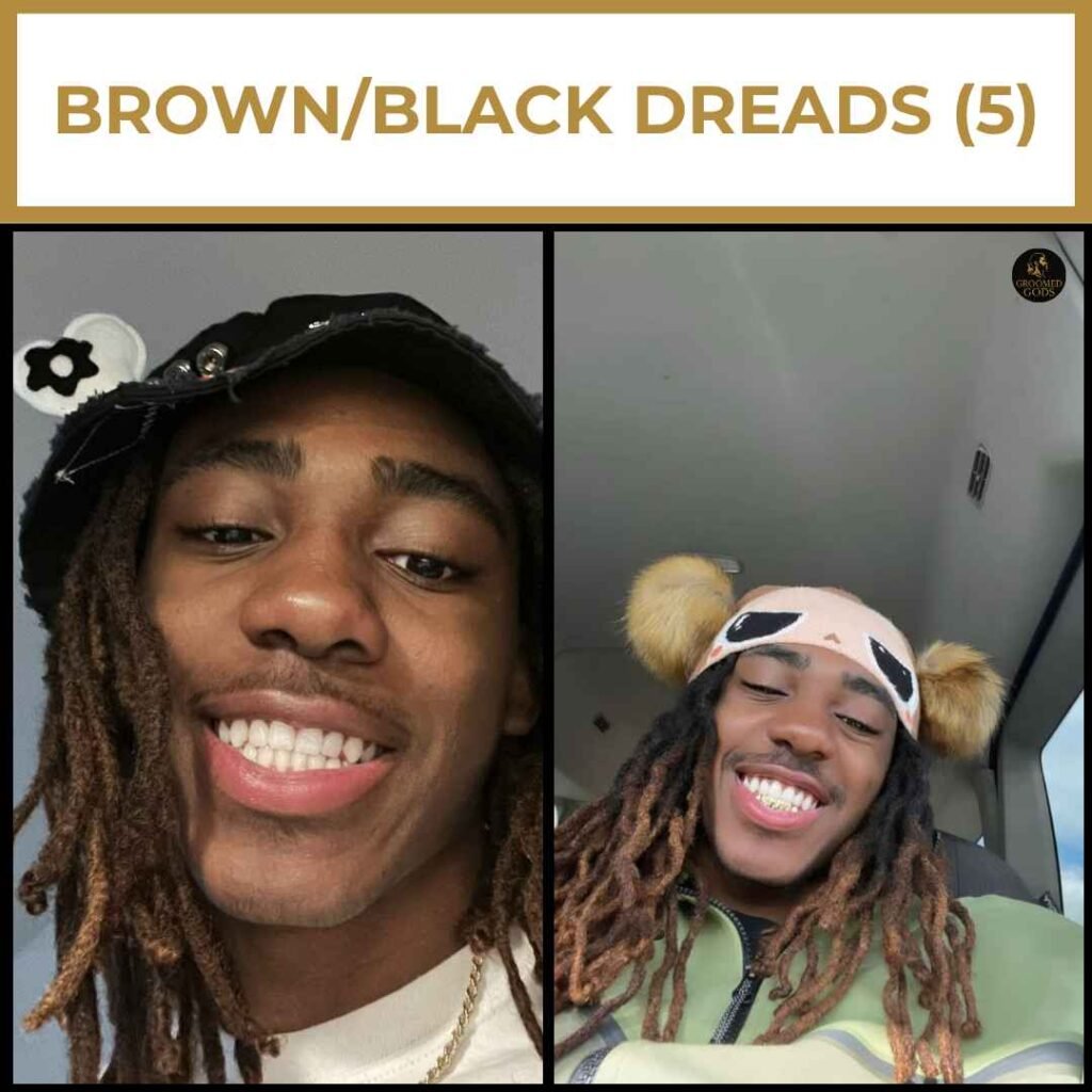 Brown and Black Dreads for Black Men Black men with brown and black dreadlocks, showing medium-length highlighted locs styled casually with hats and accessories.