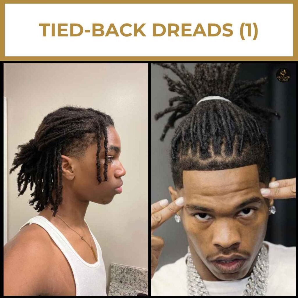 Tied-Back Dreads for Black Men Two Black men with tied-back dreadlocks, featuring medium-length locs pulled into ponytails and half-up styles for a clean, versatile look.