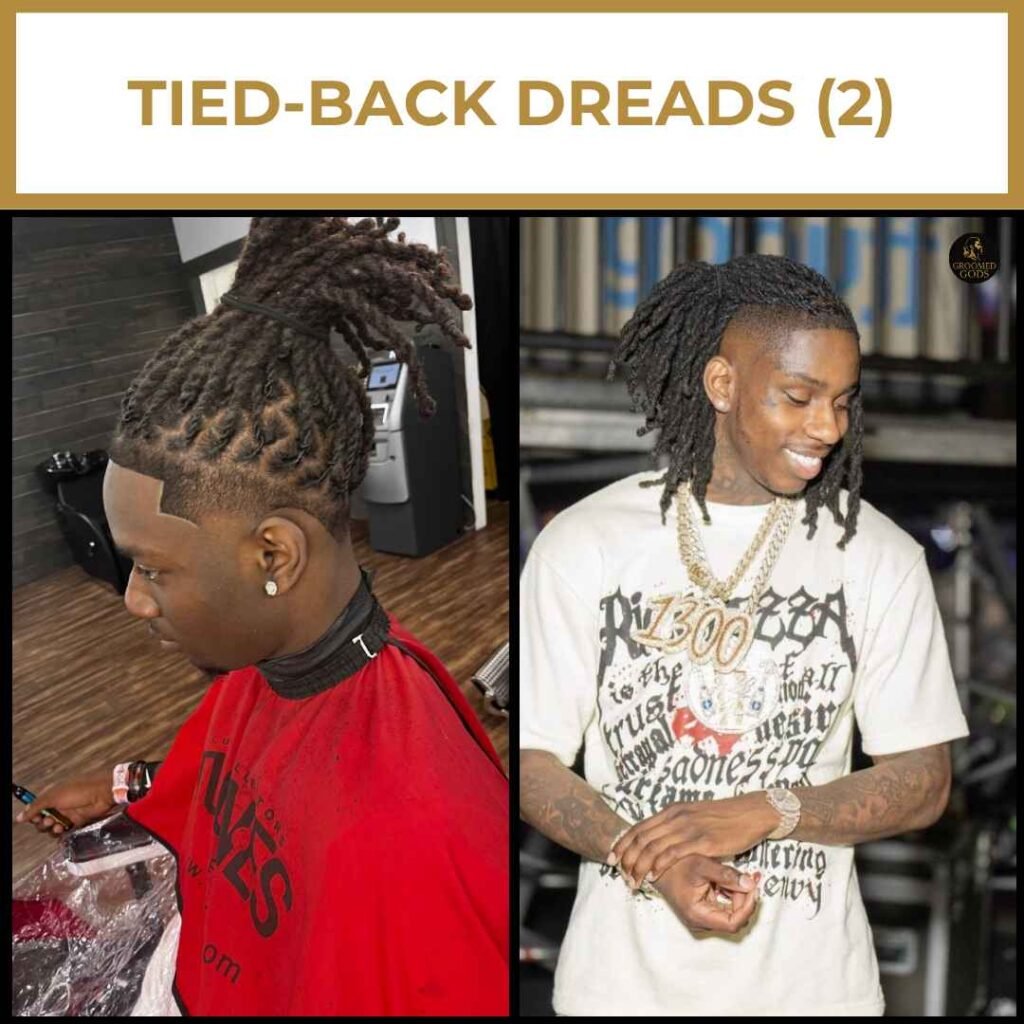 Tied-Back Dread Styles for Black Men Two Black men with tied-back dreadlocks, one featuring an updo ponytail with a fade and the other wearing loose tied-back locs for a relaxed style.