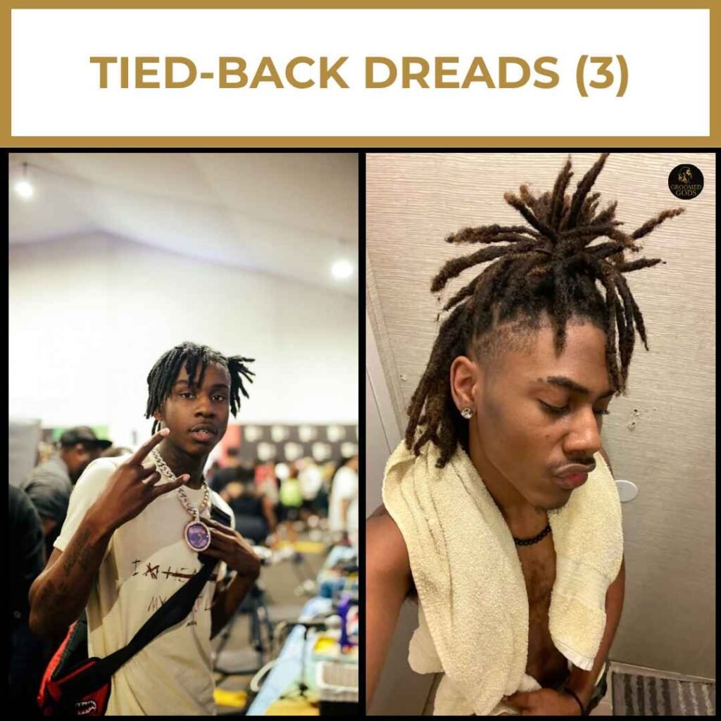 Tied-Back Dreads for Black Men Two Black men with short tied-back dreadlocks, featuring semi-freeform and ponytail styles that highlight texture and shape.