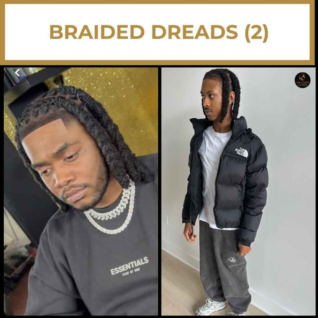 Braided Dreadlock Styles for Black Men Two Black men wearing thick, neatly braided dreadlocks with a middle part, styled for a clean, streetwear-inspired look.