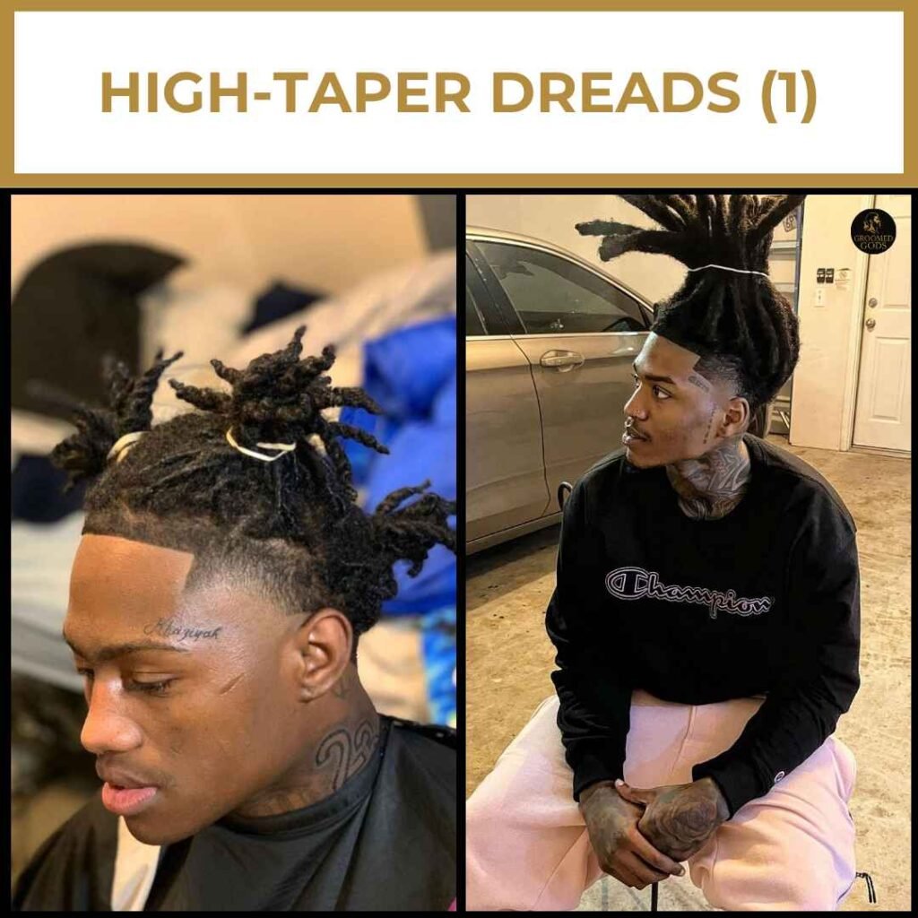 High Taper Dreads for Black Men Two Black men with high taper dreadlock styles featuring sharp fades and tied-up locs for a clean, edgy look.