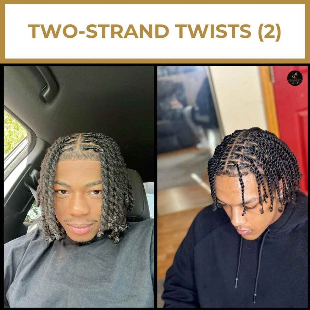 Two-Strand Twist Dreads for Black Men Two-strand twist dreads for Black men featuring clean middle parts and medium-length twists for a fresh, defined look.
