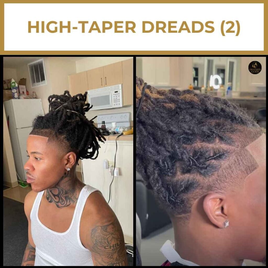 High Taper Dread Styles for Black Men Two Black men with high taper dreadlock styles featuring clean fades and tied-up locs for a fresh, defined look.