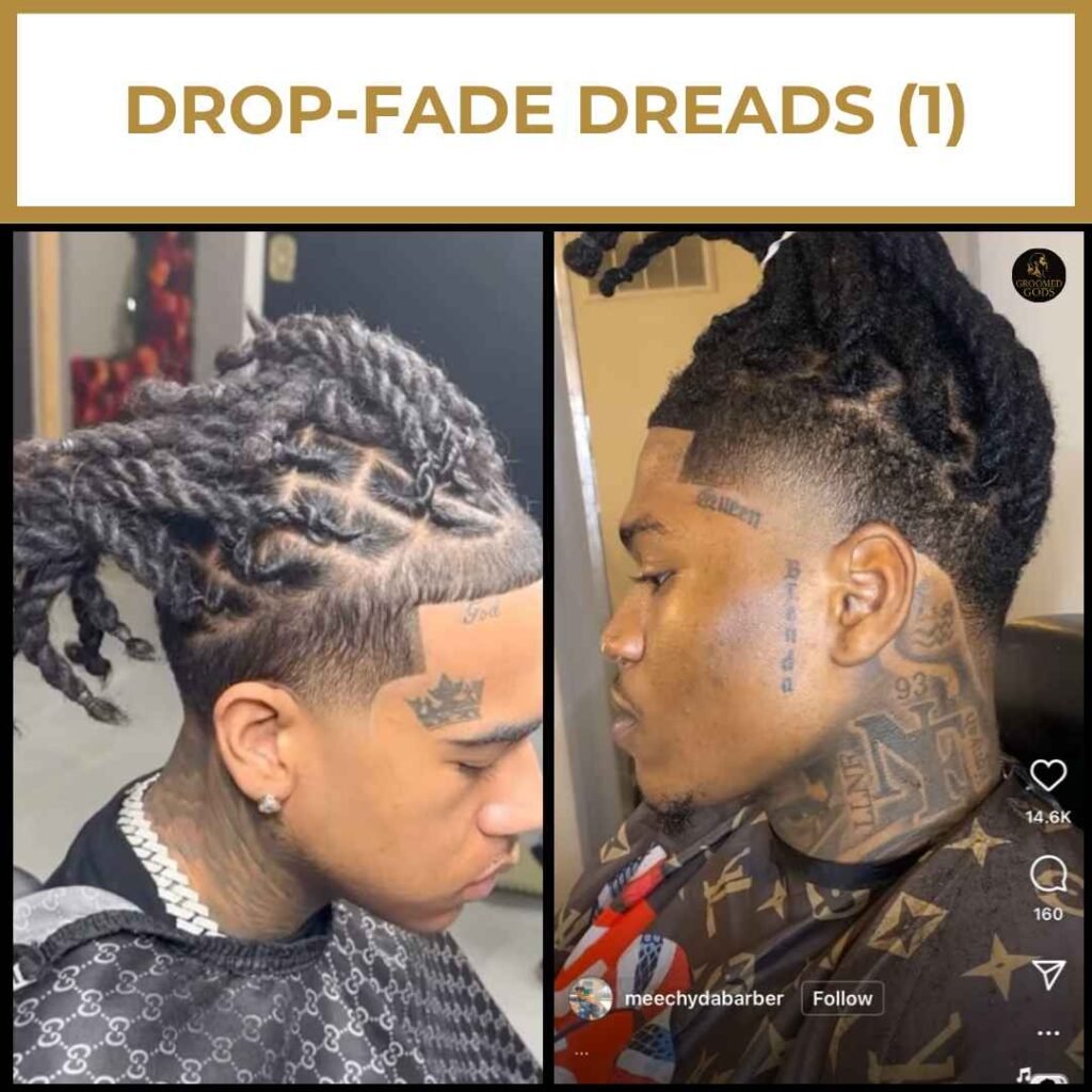 Drop Fade Dreads for Black Men Two Black men with drop fade dreadlock styles featuring low faded sides and detailed loc parting for a sharp, modern look.