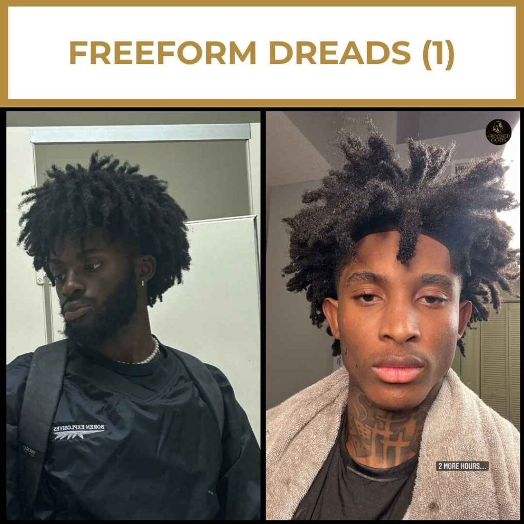 Freeform Dreads for Black Men Two Black men with freeform dreadlocks featuring natural growth patterns and unmanipulated textures for a raw, organic style.