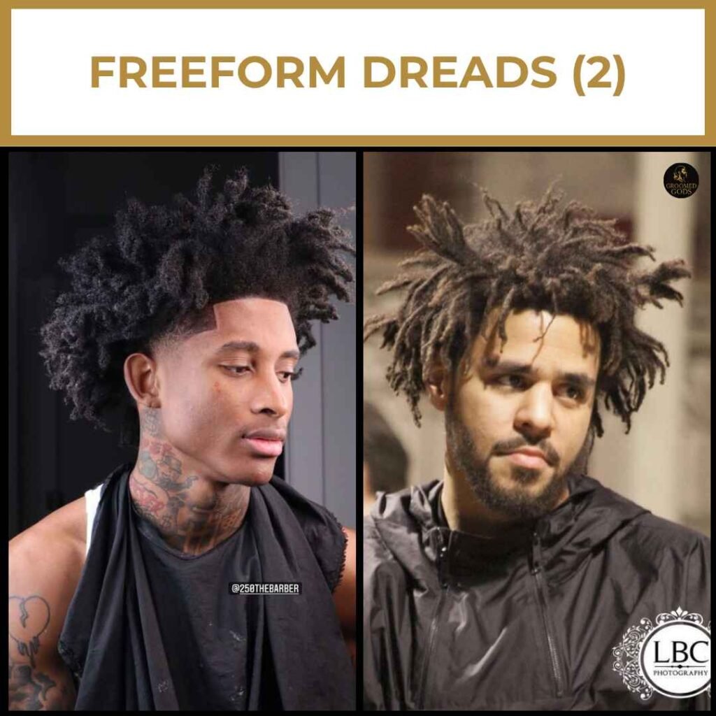 Freeform Dreads for Black Men | Natural Loc Styles Freeform dreads on Black men featuring a high-volume look and a natural, unmanipulated style inspired by J. Cole and modern dreadlock trends.
