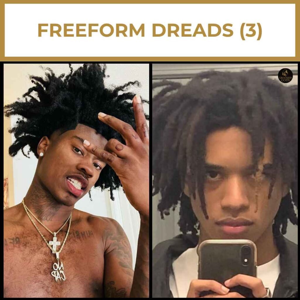 Freeform Dread Styles for Black Men | Natural Loc Inspiration Freeform dread styles for Black men showing natural, unmanipulated locs with medium to long length and loose texture.