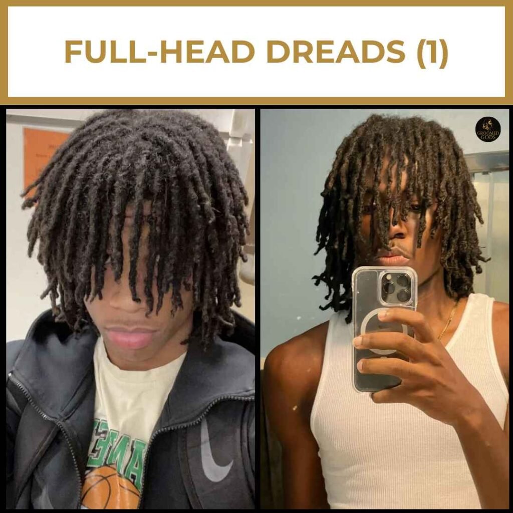 Full-Head Dread Styles for Black Men Full-head dreadlocks for Black men with medium-length locs evenly covering the scalp for a balanced, natural look.