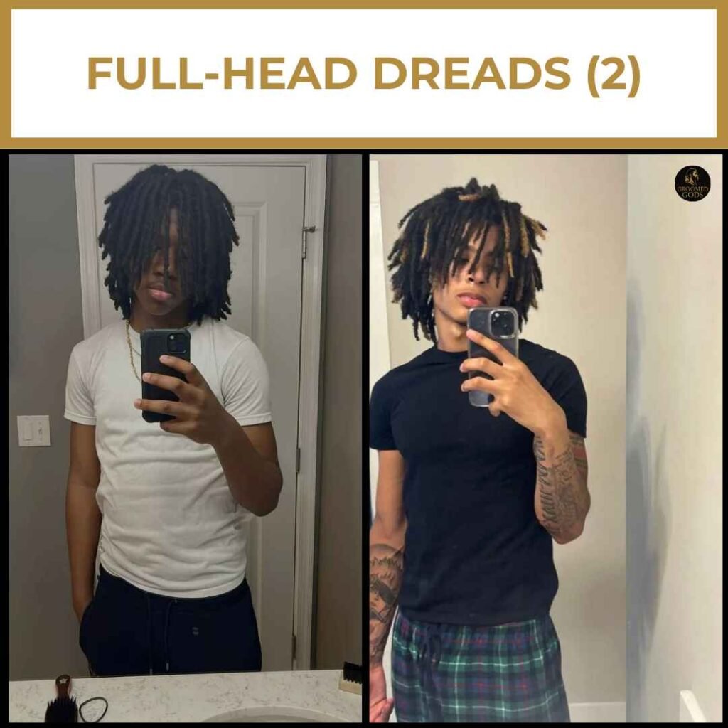 Full-Head Dreads for Black Men Full-head dreadlocks for Black men featuring medium-length locs with a natural, even layout and soft texture.