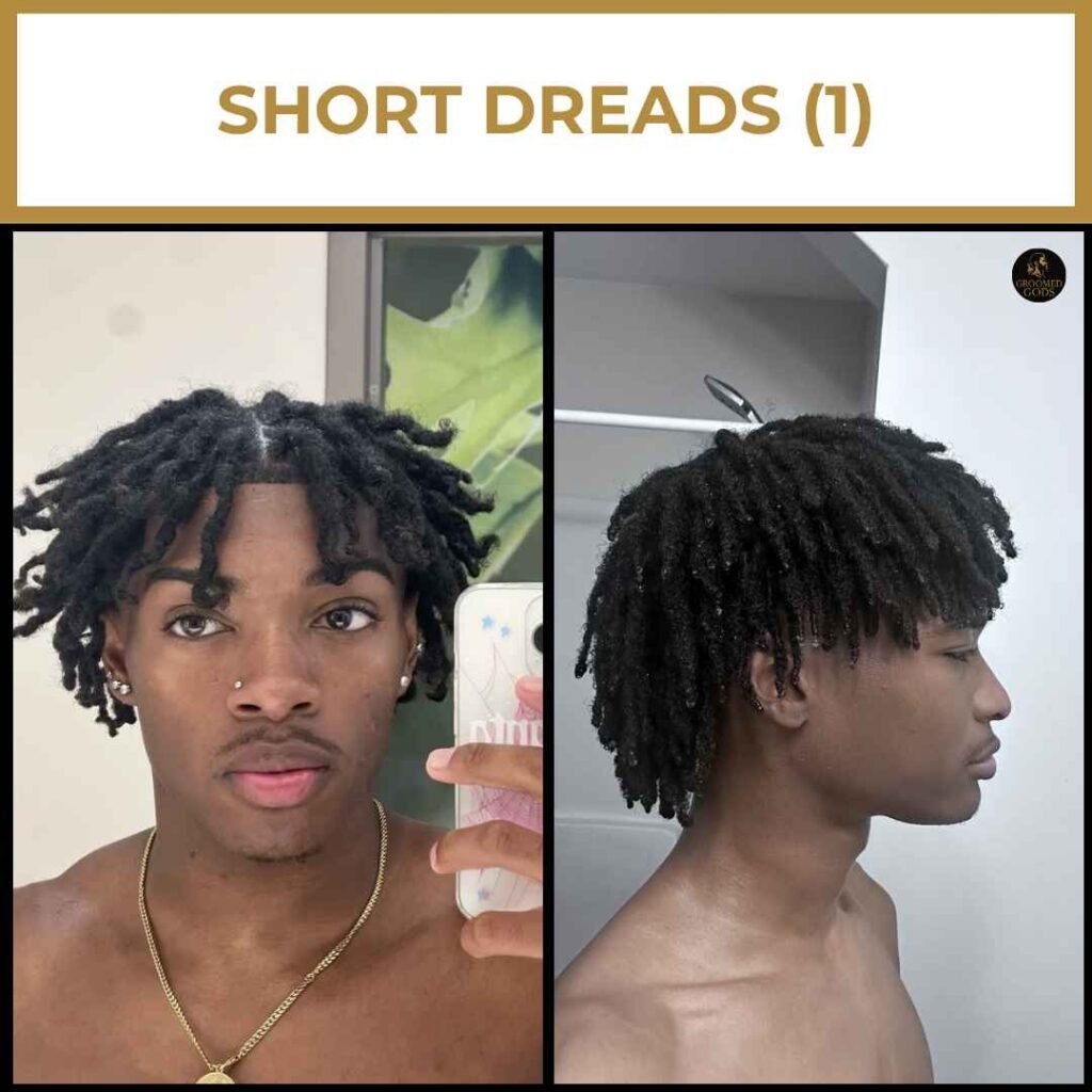 Short Dreads for Black Men Short dreadlock styles for Black men with clean, shaped edges and natural curls for a neat everyday look.