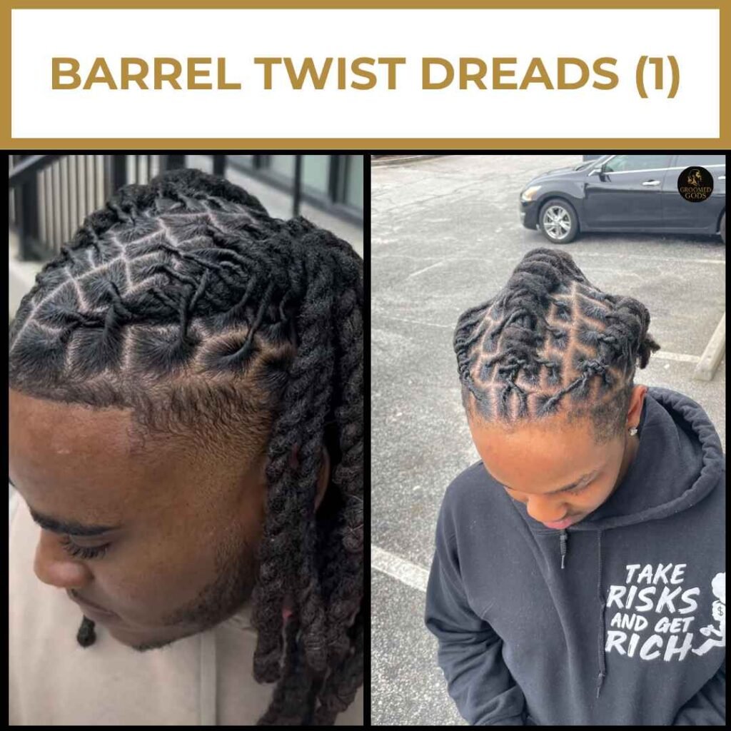 Barrel Twist Dreads for Black Men Barrel twist dreads for Black men featuring tight, interwoven twists with clean parting and a fresh taper fade.