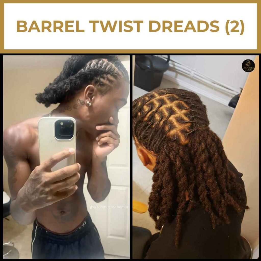 Barrel Twist Dreads for Black Men Barrel twist dreads styled in a pulled-back look with defined sections and a clean pattern across the scalp.