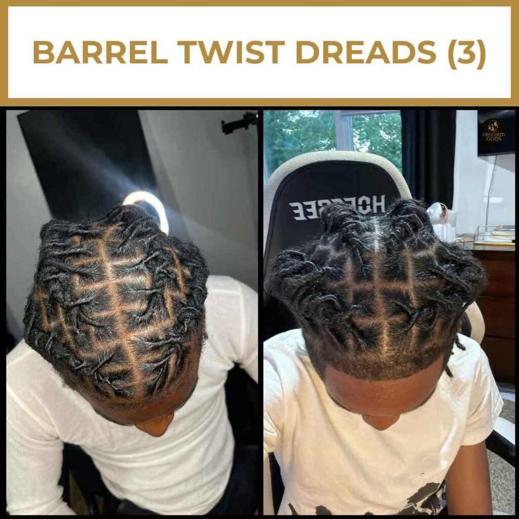 Barrel Twist Dreads for Black Men Close-up of barrel twist dreads with neat parting and symmetrical twist pattern for a clean, protective style.