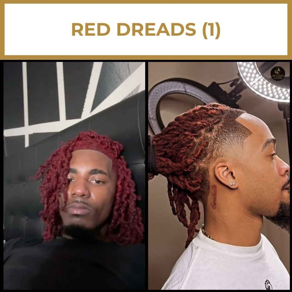 Red Dreads for Black Men Red dreadlocks for Black men featuring shoulder-length dyed locs and a faded side profile for a bold, modern look.