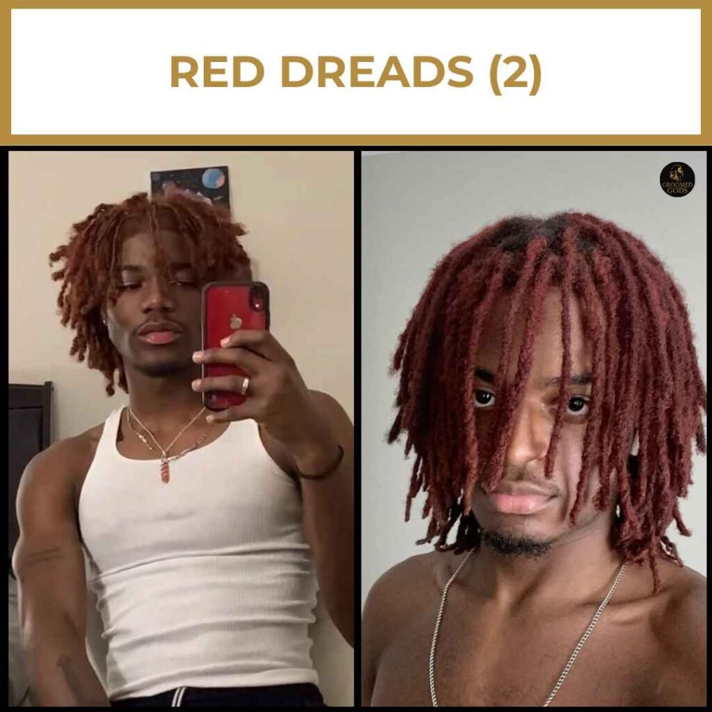 Red Dreads for Black Men Medium-length red dreadlocks on Black men, showcasing warm-toned dyed locs with natural texture and volume.