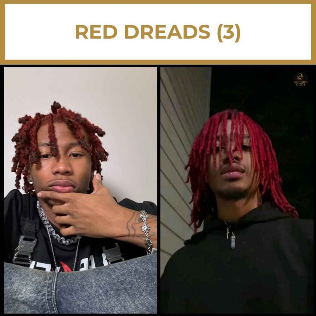 Red Dreads for Black Men Bright red dreadlocks on Black men, featuring short curly locs and long straight red dreads with full coverage.
