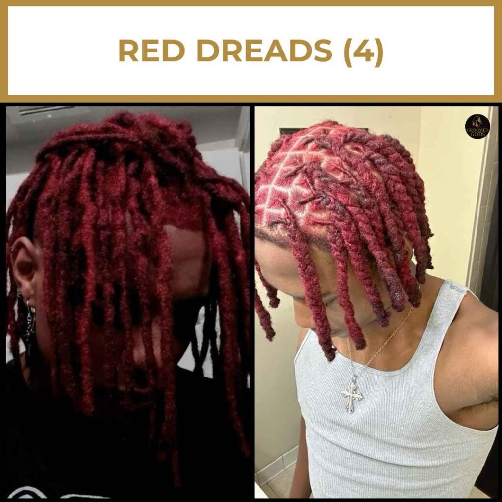 Red Dreads for Black Men Dark and bright red dreadlocks for Black men, showing freshly twisted and neatly sectioned dyed locs.