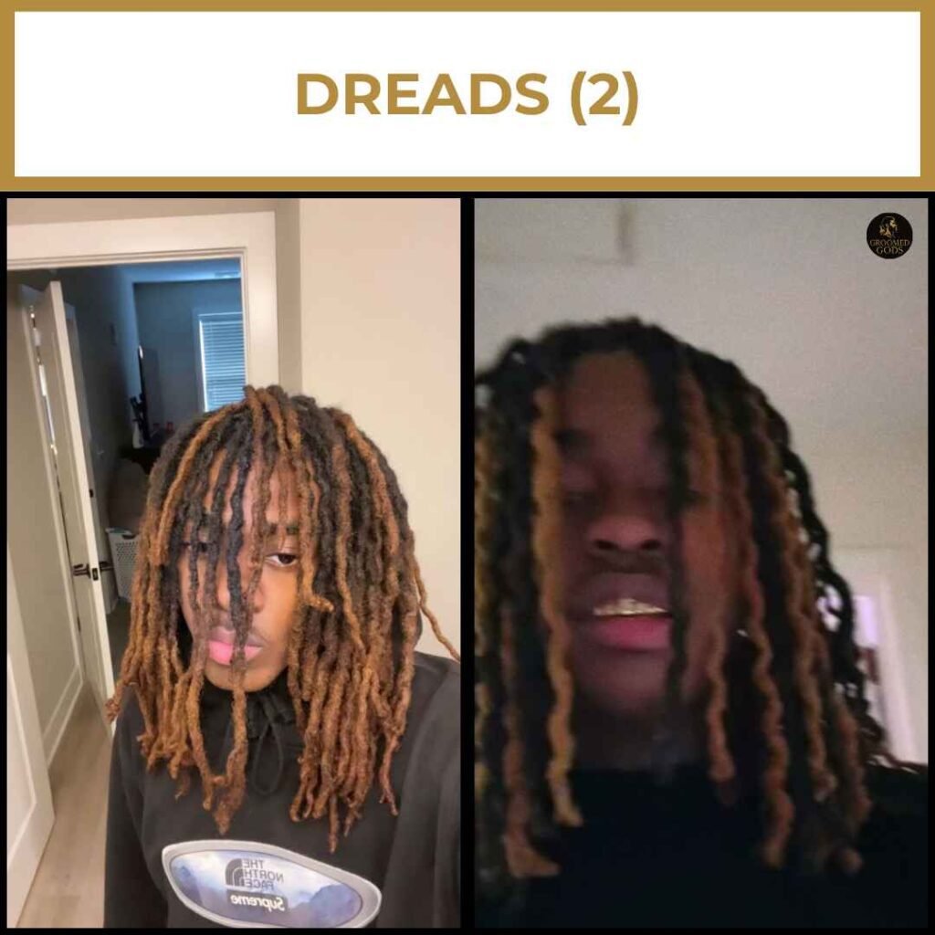 Thick Dreads With Blonde Tips (Medium-Length) Two Black men with thick medium-length dreadlocks dyed light brown and blonde in the front, styled with a center part or loose flow.