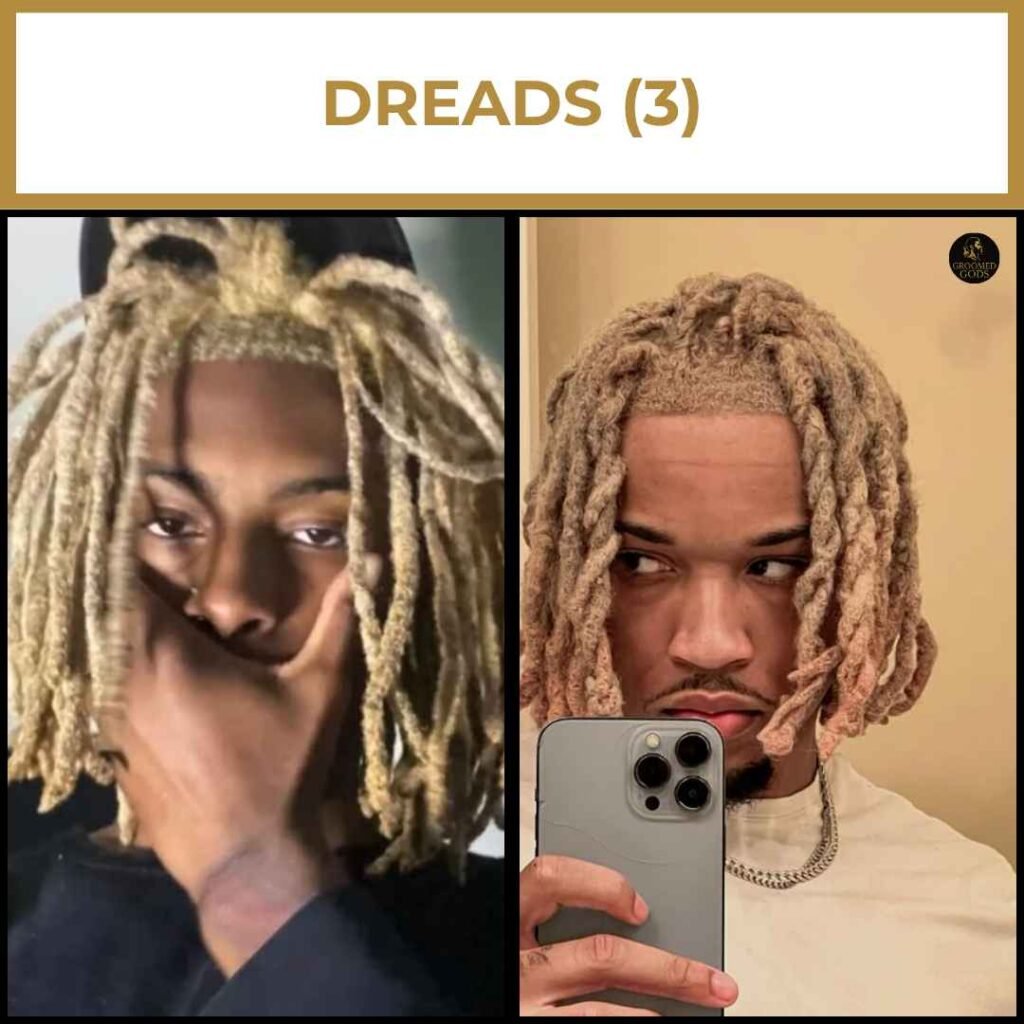 Blonde Dyed Dreads (Short to Mid-Length) Two Black men with short to medium-length blonde dyed dreadlocks—one with a full bleach look and the other with rose-gold toned locs and a taper fade.