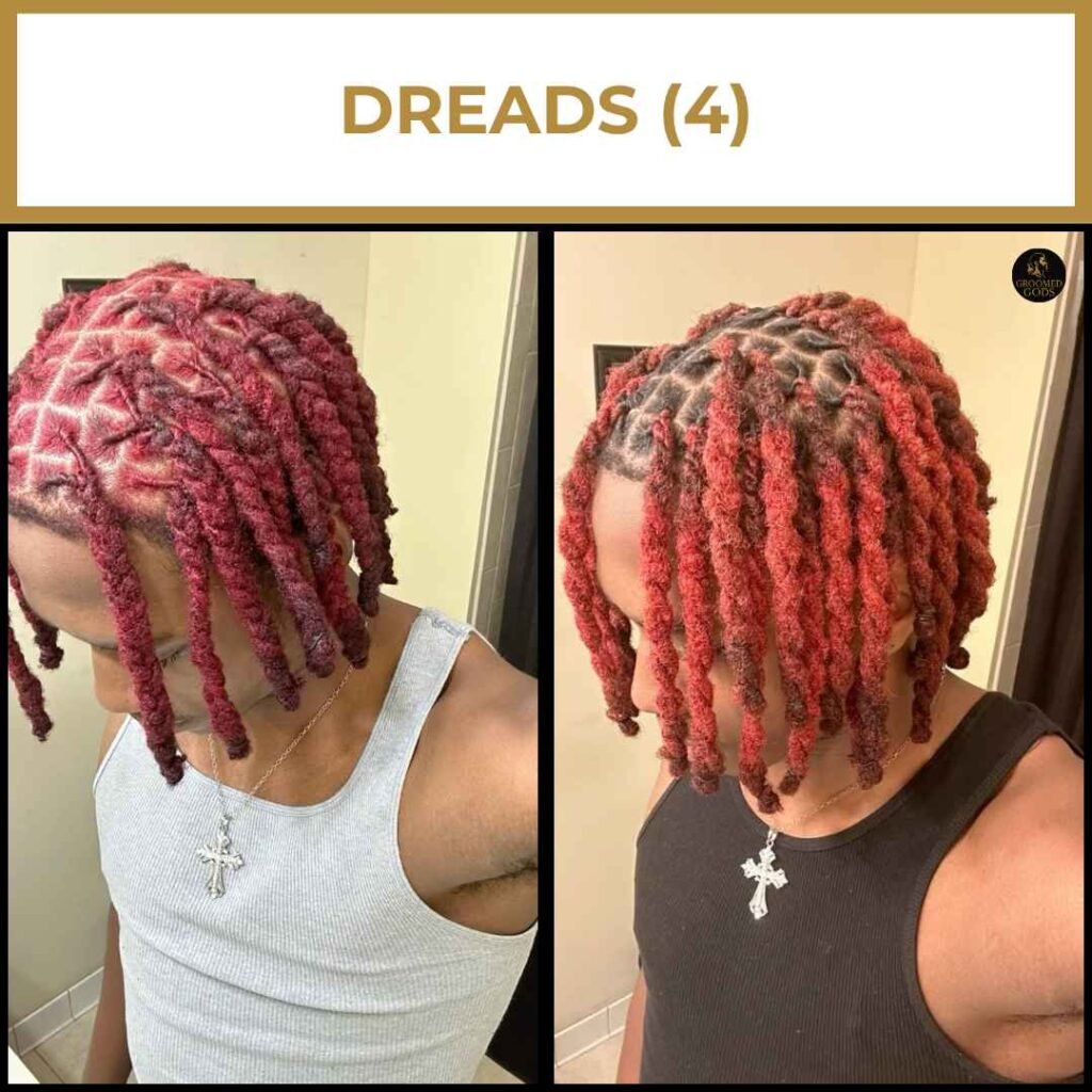 Red Retwisted Dreadlocks (Short Length) Two Black men with short red dreadlocks styled into fresh retwists. The locs are thick, vibrant, and parted cleanly for a neat, bold finish.