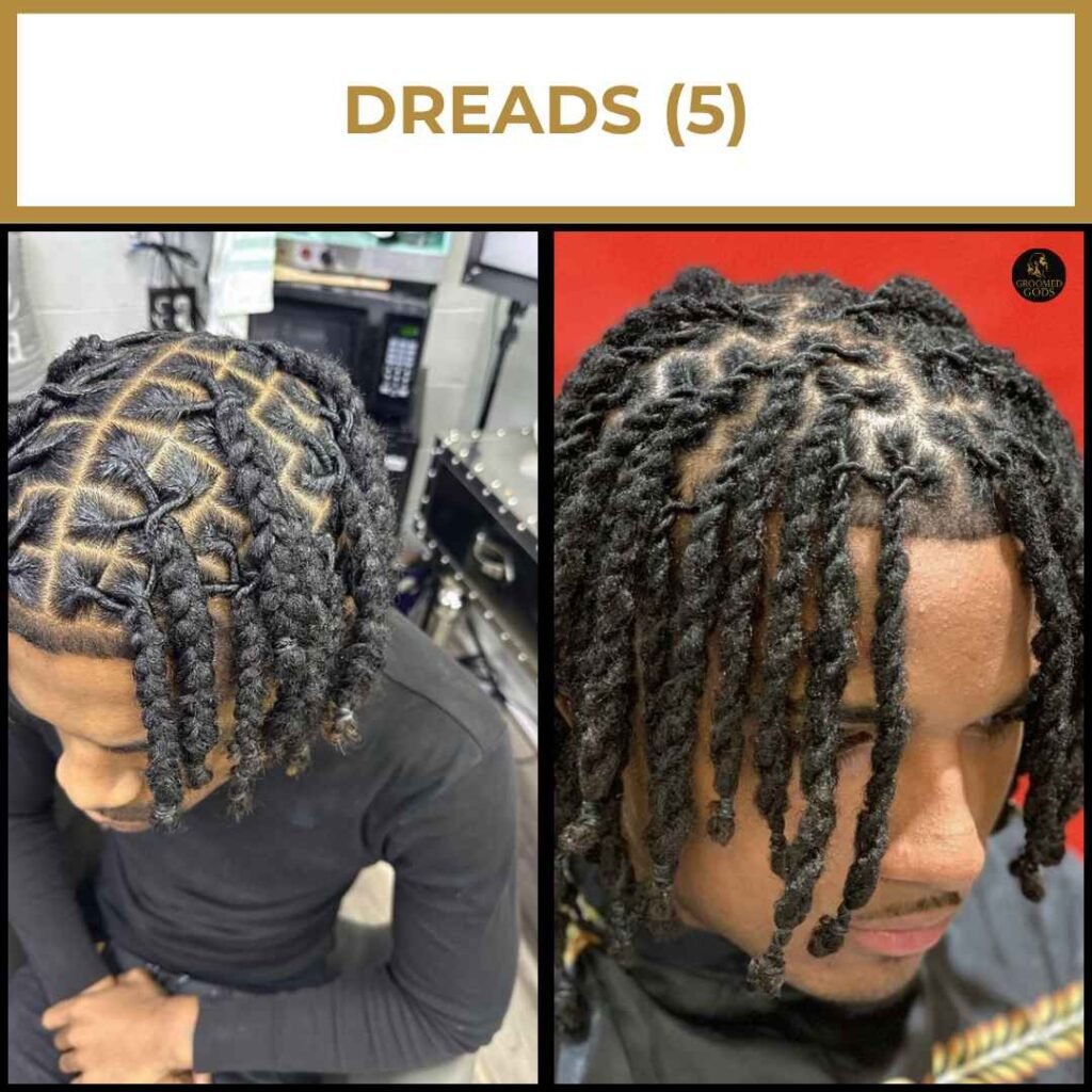 Short Square-Parted Dreads With Fresh Retwist Two Black men with short thick dreadlocks and clean square parts. The locs are freshly twisted and styled to hang naturally around the forehead.