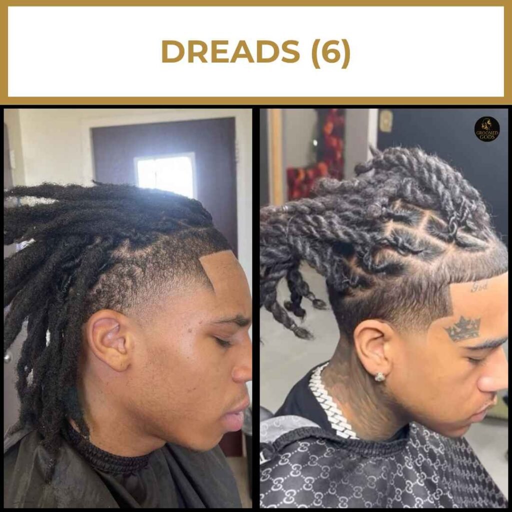 Twisted Dreads With Fade and Hairline Edge-Up Two Black men with medium-length dreadlocks and taper fades. One has freeform locs, the other has styled two-strand twists with a sharp hairline and fresh fade.