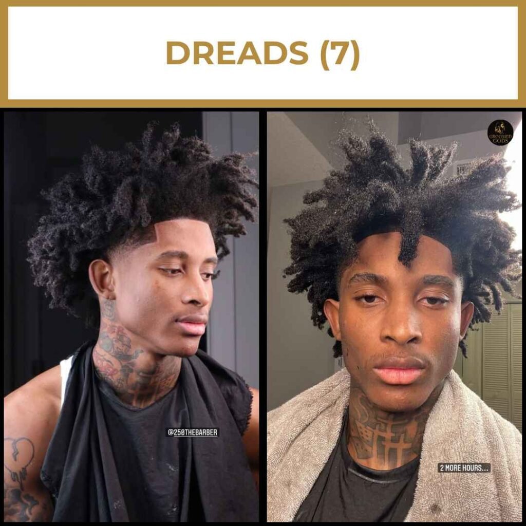 Thick Freeform Locs With Tapered Sides one Black men with thick freeform locs styled upward in a natural afro shape. Both have high top dreads with loose, unstructured texture and taper fades.