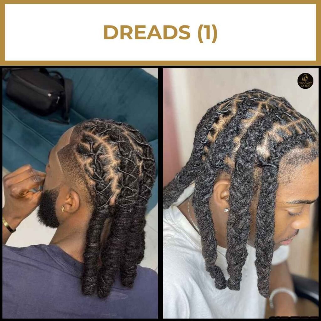 Middle-Parted Dreads With Clean Scalp Sections Two Black men with thick, semi-freeform dreads styled in a middle part with clean scalp designs. Both styles feature long locs with twisted roots and neat sectioning.
