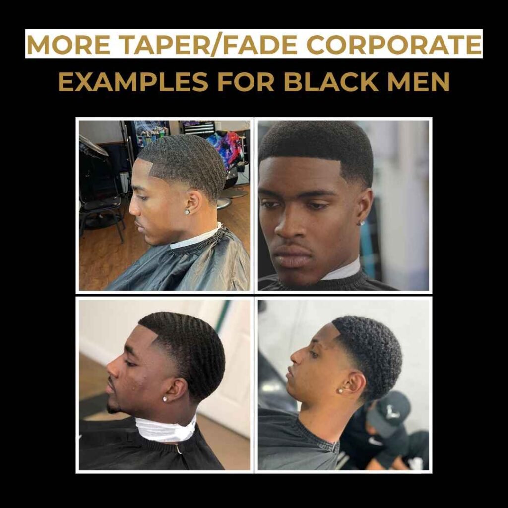 Four Black men with clean taper and fade haircuts suitable for professional or corporate settings.