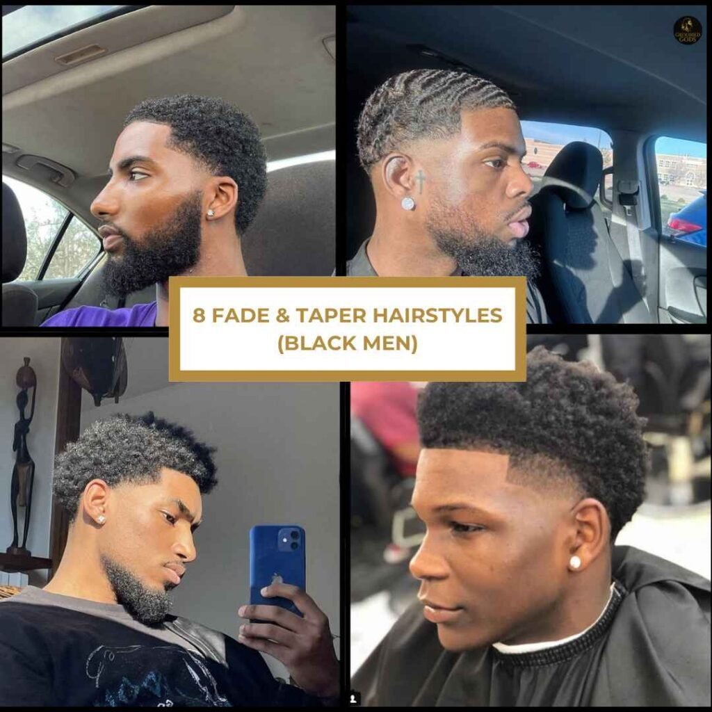 Collage showing 8 fade and taper hairstyles for Black men, including low, mid, and high tapers with waves and curls.