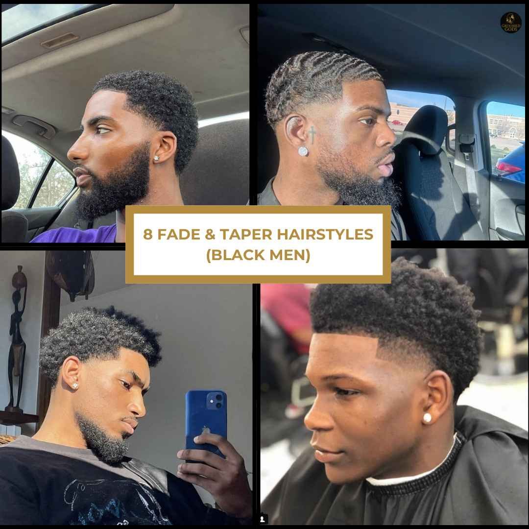 Collage showing 8 fade and taper hairstyles for Black men, including low, mid, and high tapers with waves and curls.