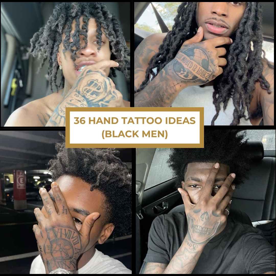 Collage of four Black men showing off detailed hand tattoos including Roman numerals, clocks, lettering, and symbolic designs.