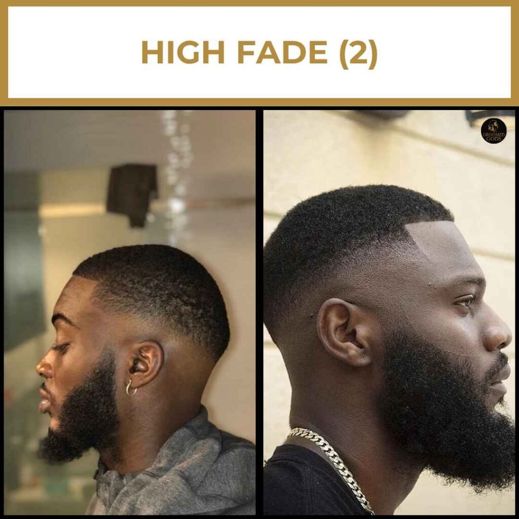 High Fade Haircut (2) for Black Men Two Black men with high fade haircuts featuring clean fades and full beards, showing a sharp, masculine look.