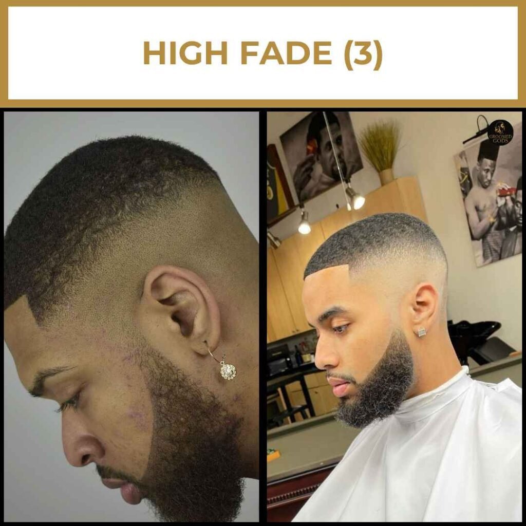 High Fade Haircut (3) for Black Men Two Black men with high fade haircuts featuring sharp fades and lined beards, highlighting a clean and polished look.