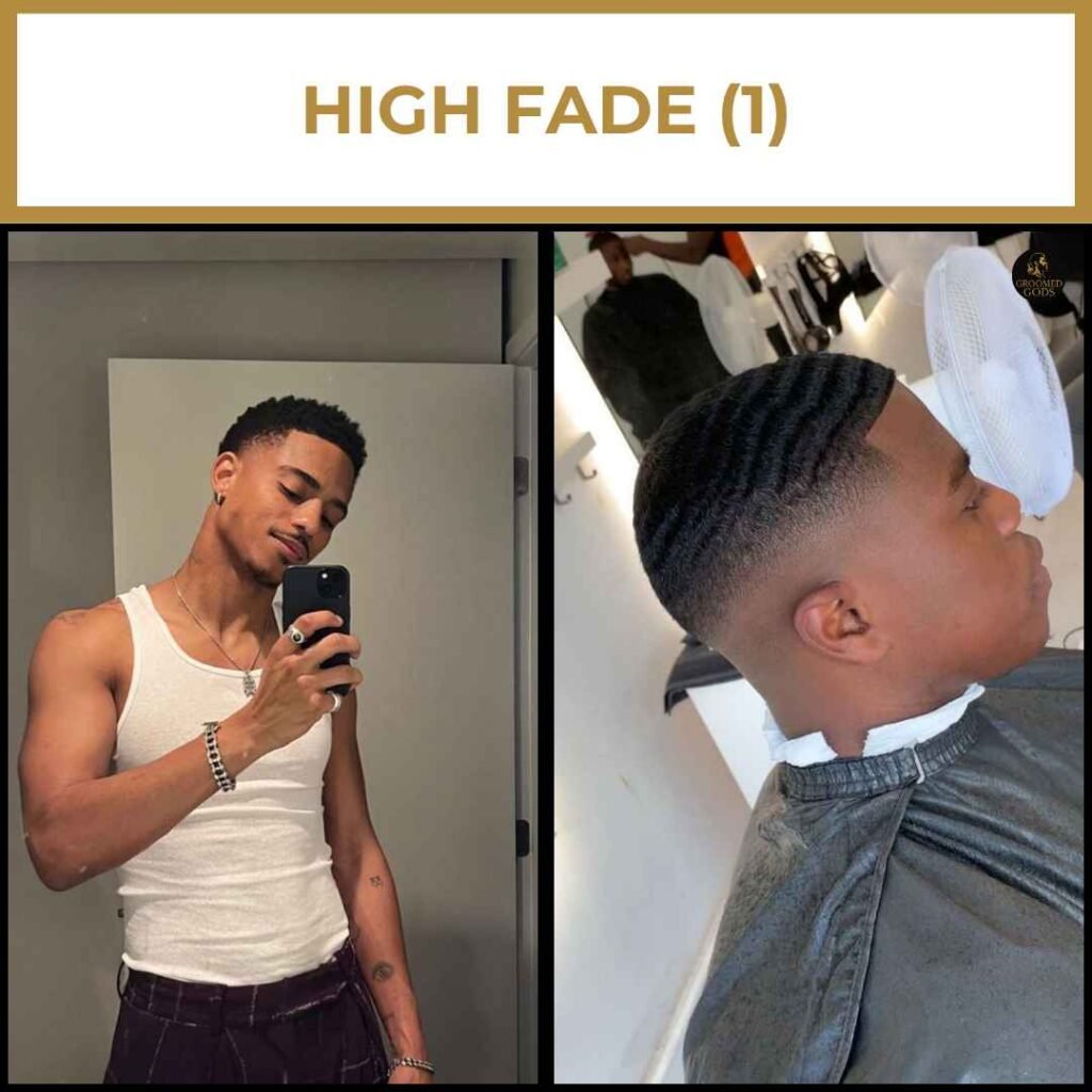 High Fade Haircut for Black Men Two Black men with high fade haircuts, one with waves and one with short curls, showing a clean, sharp fade up the sides.