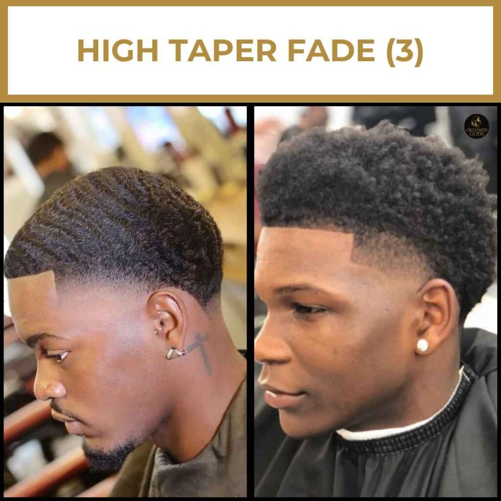 High Taper Fade for Black Men Two Black men with high taper fades, one with waves and one with curls, showing a clean blend and sharp lineup around the temples.