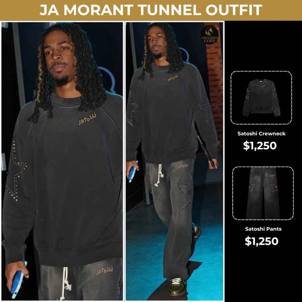 Ja Morant’s Satoshi Nakamoto Tunnel Outfit – October 23, 2025 Ja Morant walking through the NBA tunnel wearing a black studded Satoshi Nakamoto crewneck and matching wide-leg pants, both priced at $1,250, with close-up images of each piece shown on the right
