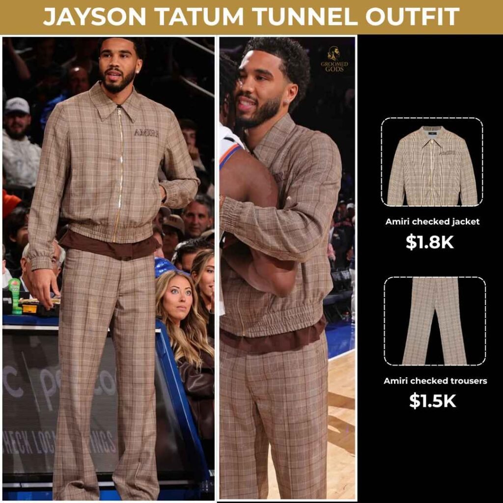 Jayson Tatum’s Amiri Checked Tunnel Outfit – October 24, 2025 Jayson Tatum walking through the NBA tunnel wearing a full Amiri set, featuring a beige checked zip-up jacket ($1.8K) and matching trousers ($1.5K), with both clothing items shown in close-up on the right