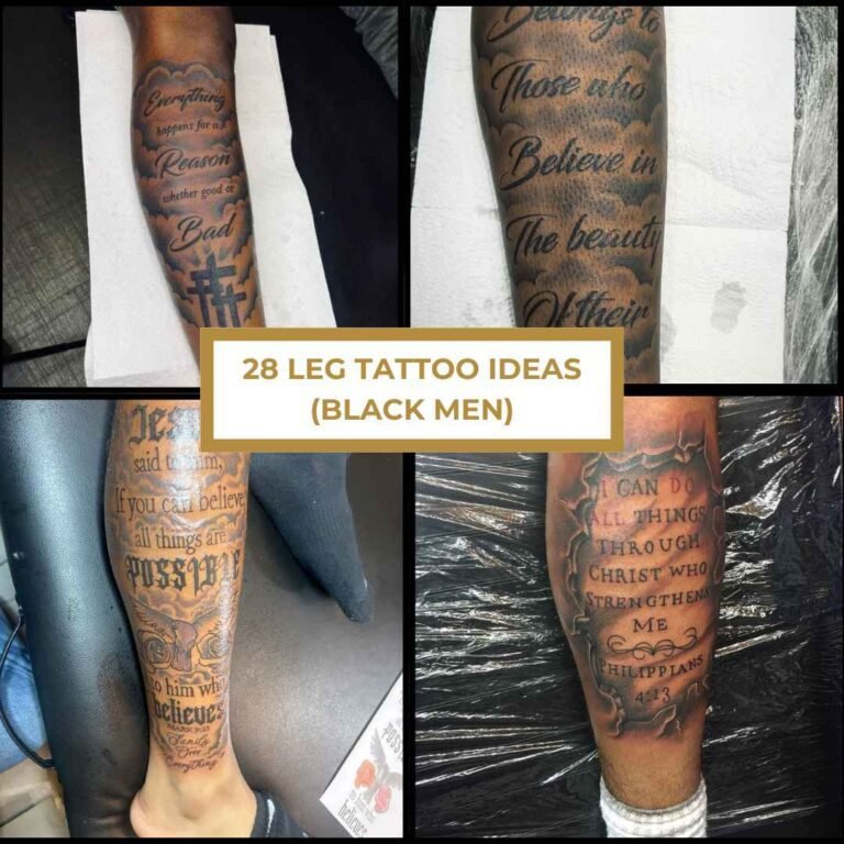 Close-up collage of Black men’s leg tattoos featuring script lettering, faith-based quotes, and religious designs across the calves.
