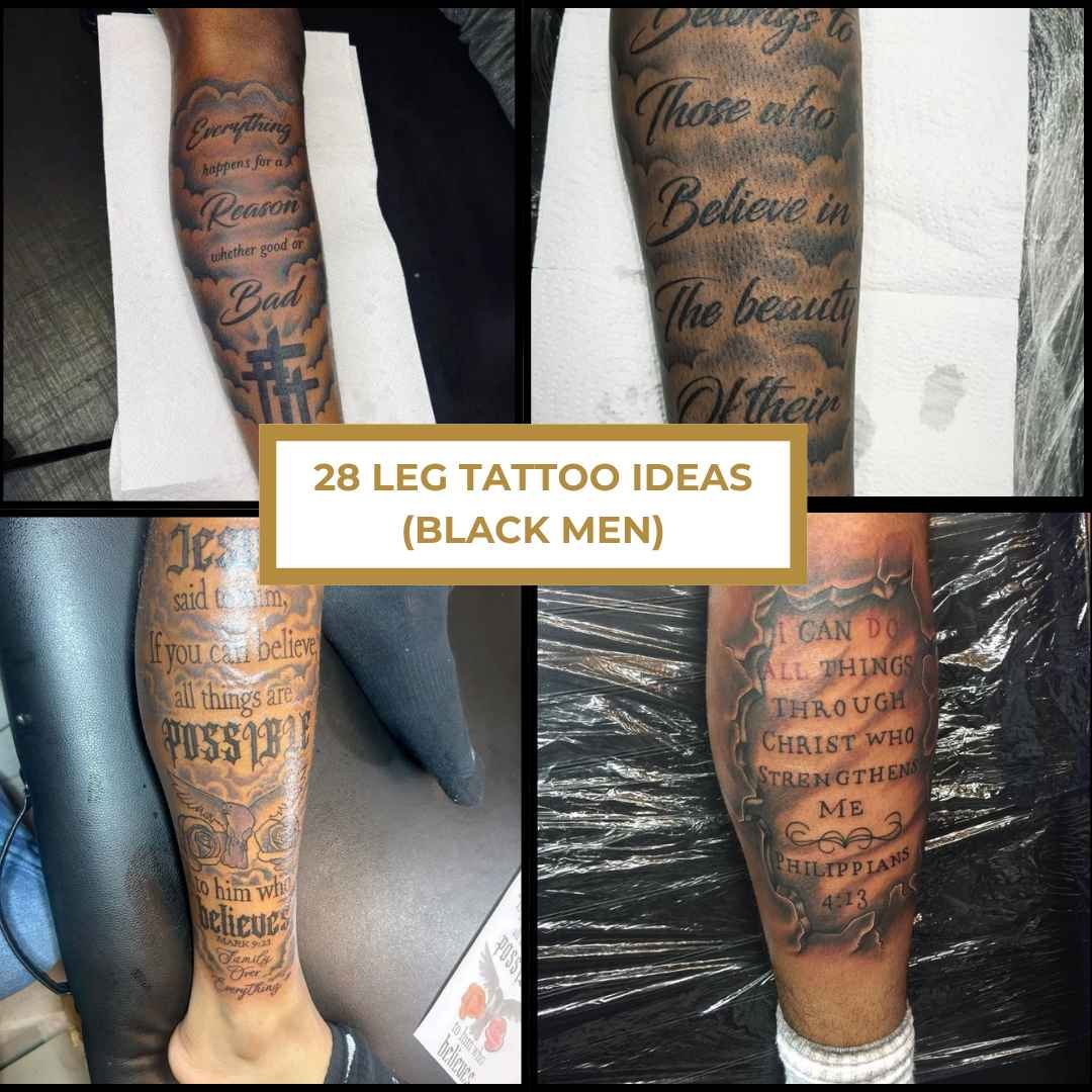 Close-up collage of Black men’s leg tattoos featuring script lettering, faith-based quotes, and religious designs across the calves.