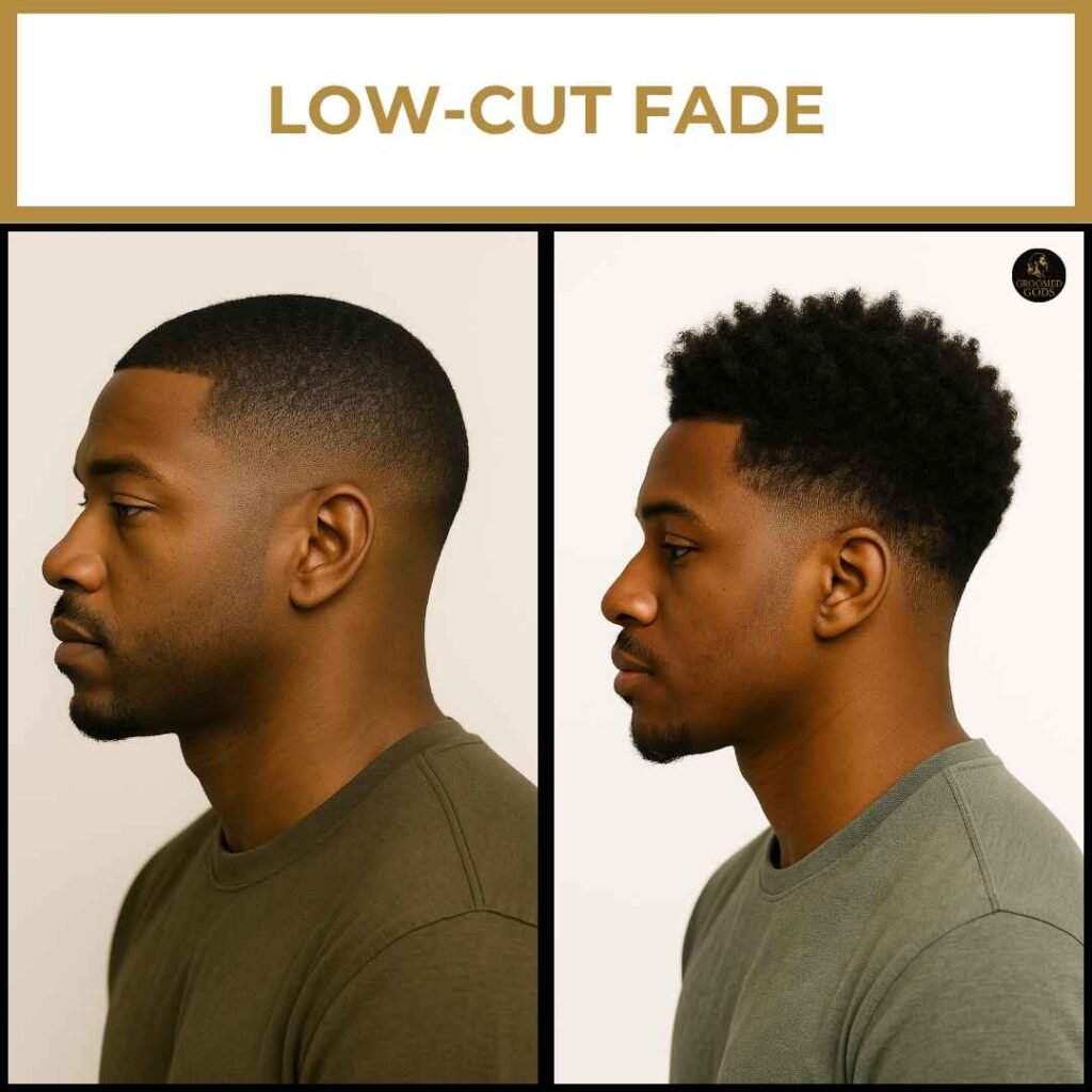 Side profiles of two Black men showing low-cut fade hairstyles.