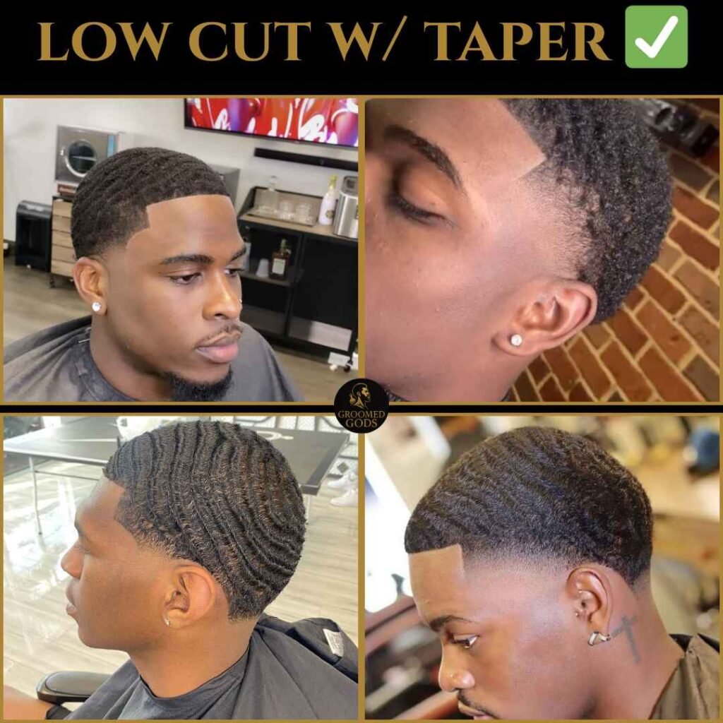 Low cut with taper haircut for Black men featuring clean fades and a sharp hairline