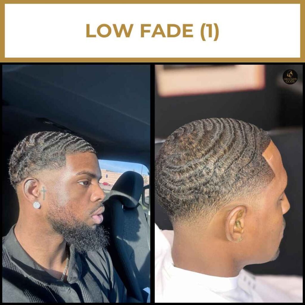 Low Fade Haircut for Black Men Two Black men with low fades and 360 waves, showing a clean blend around the sides and a sharp lineup for a polished finish.