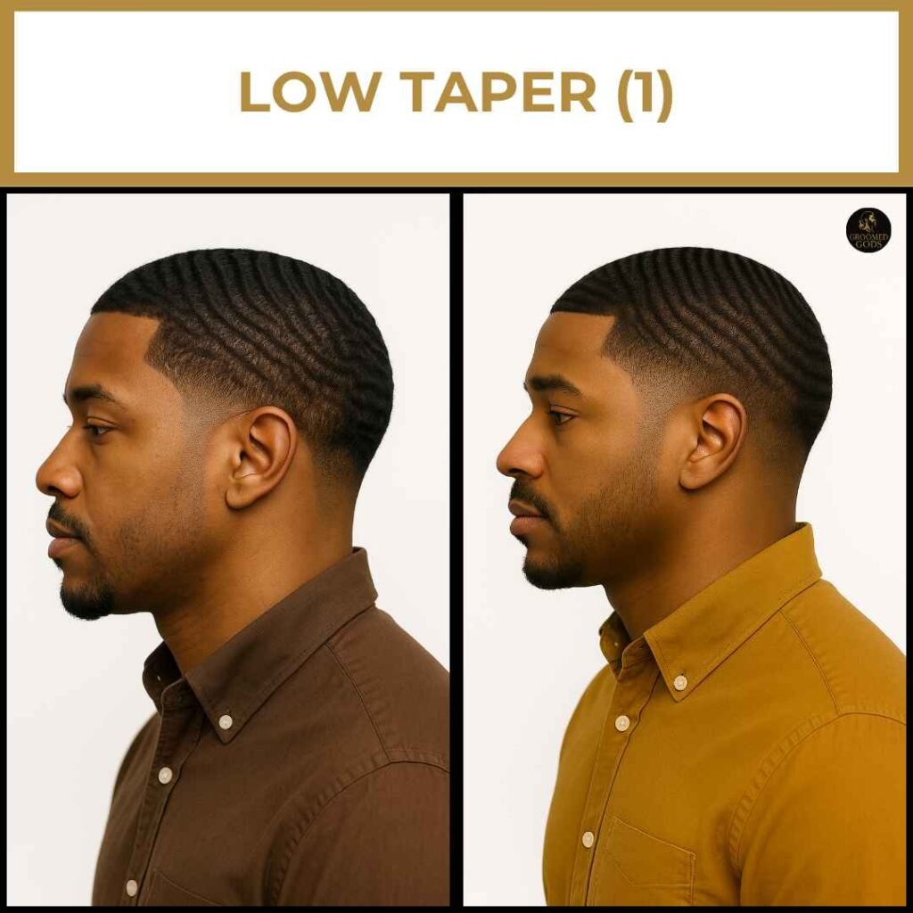 Side view of Black man with a low taper fade and waves haircut.