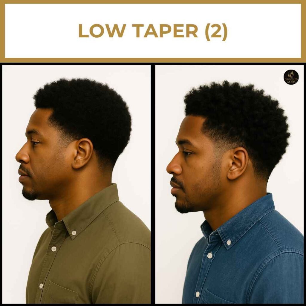 Two Black men with low taper haircuts shown side by side.