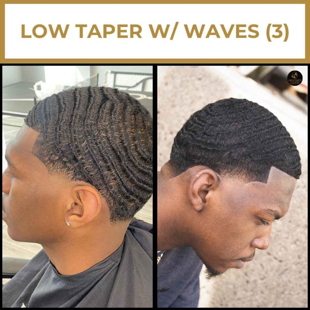 Low Taper with Waves Haircut for Black Men Two Black men with low taper fades and 360 waves, showing a clean lineup and smooth fade around the sides for a polished wave look.